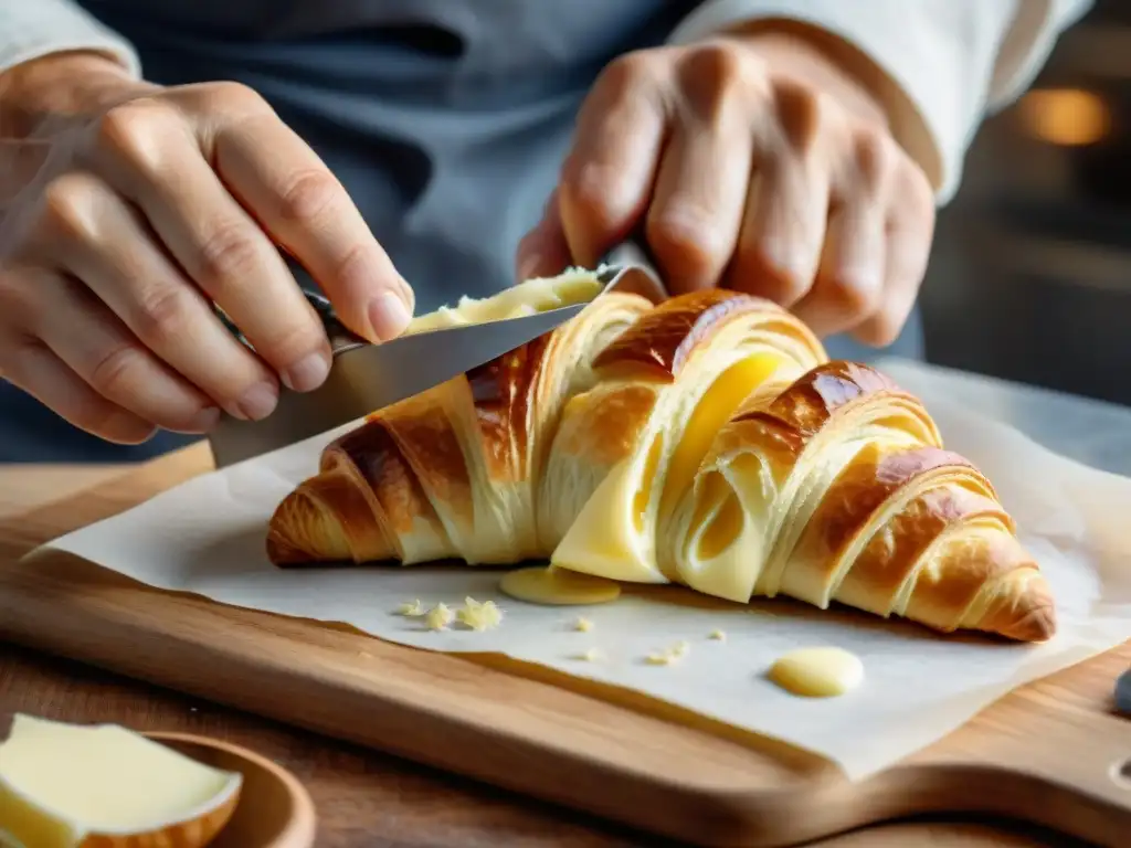 Detalle de un maestro panadero francés doblando mantequilla en masa de croissant, en un taller de panadería francesa