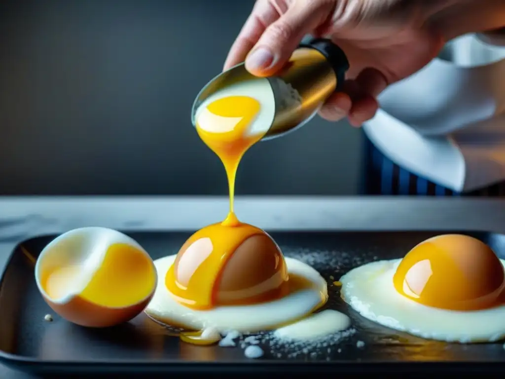 Detalle de manos de chef emulsionando salsas francesas con maestría, destacando la delicada técnica