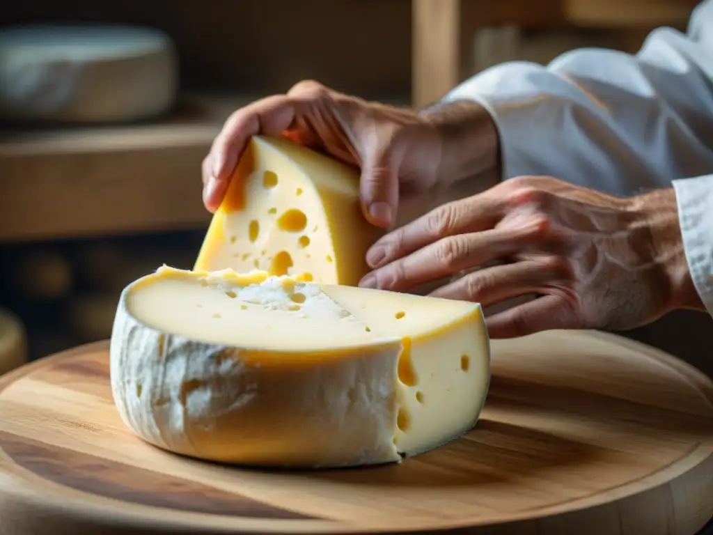 Artesanía francesa: maestro quesero moldeando queso tradicional Detalle de las manos de un experto quesero francés preservando tradición queso francés