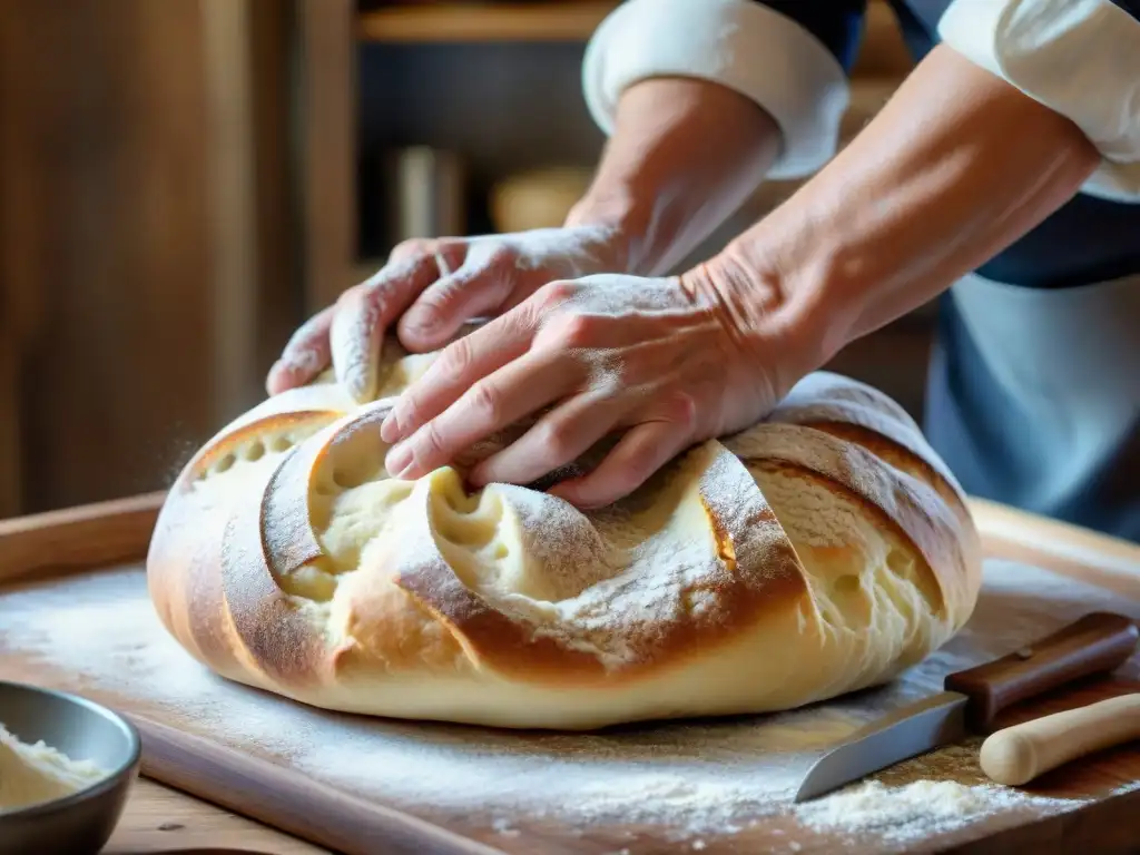 Detalle de las manos de un panadero francés amasando masa, resaltando la fermentación en cocina francesa