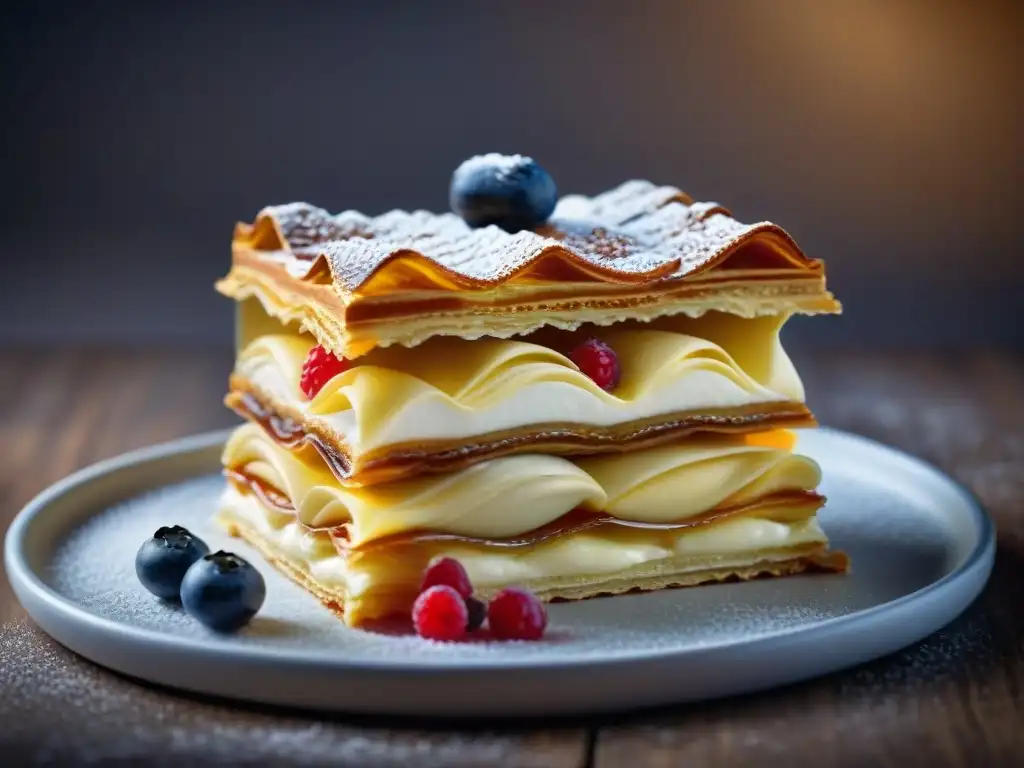 Detalle meticuloso de un Millefeuille francés: arte y ciencia de la pastelería francesa