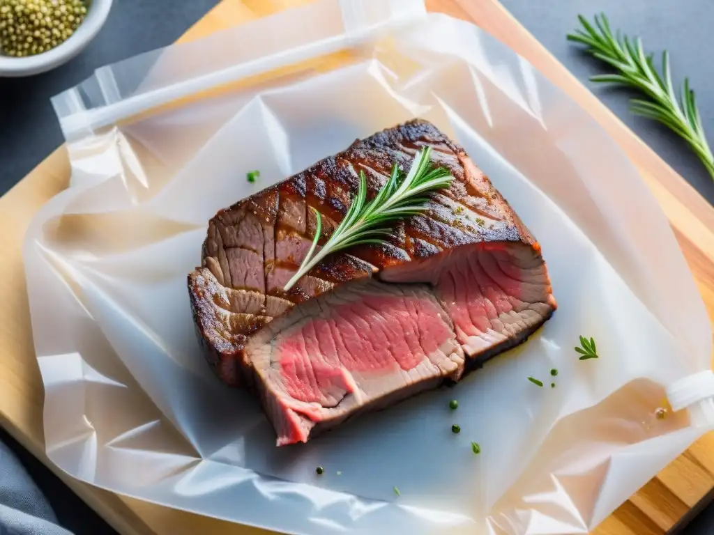 Detalle del método Sous Vide Carne: sellado al vacío de un filete sazonado, garantizando cocción perfecta