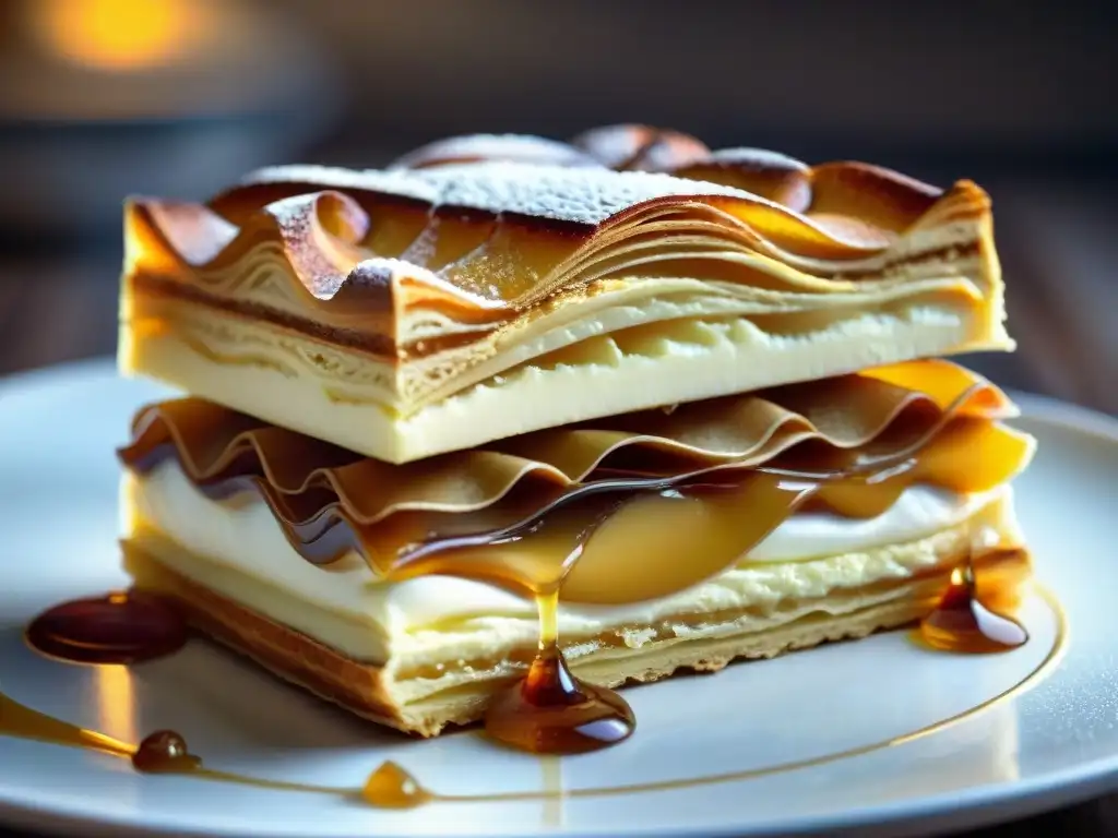 Detalle del millefeuille francés: capas delicadas de hojaldre, crema de vainilla y caramelo brillante