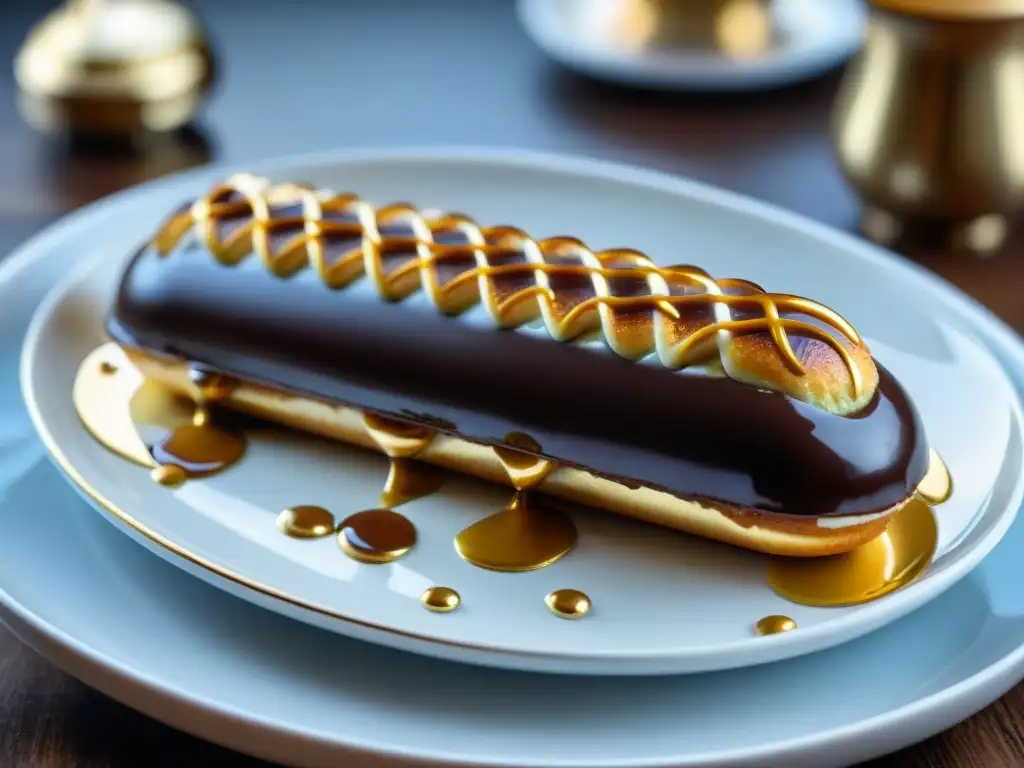 Detalle minucioso del elegante éclair con ganache brillante y decoración de hoja de oro en un plato blanco