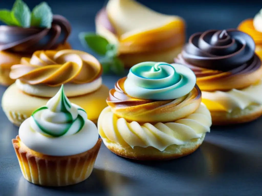 Detalle de pastelería francesa en miniatura con swirls de buttercream en éclairs pastel