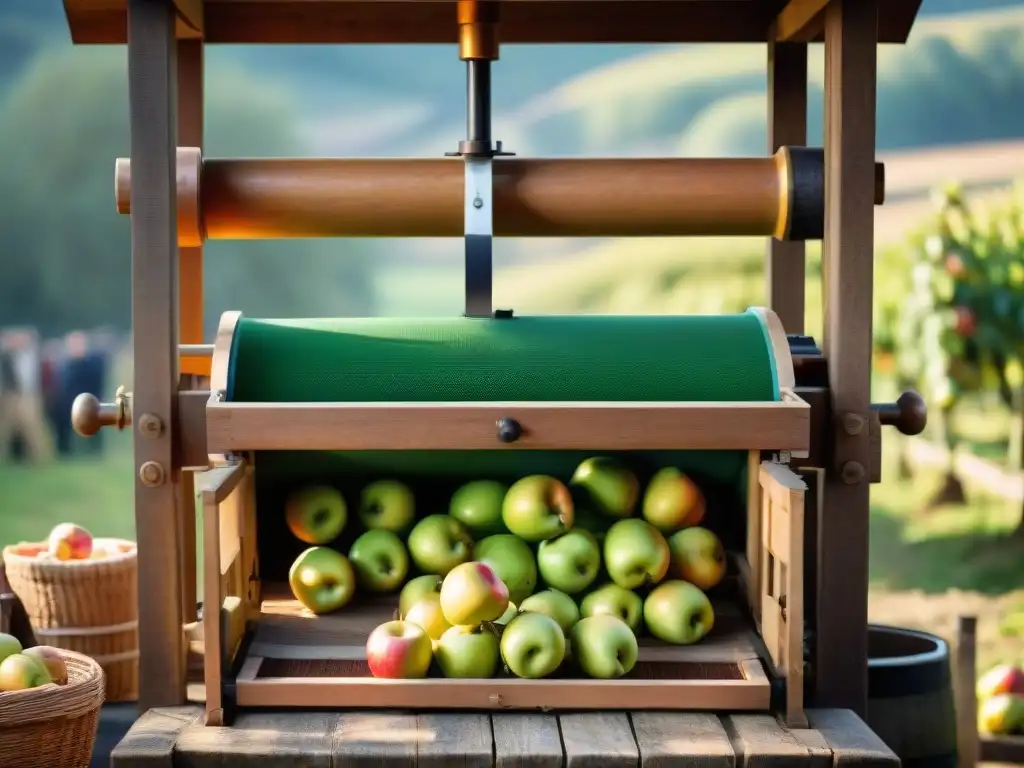 Detalle de prensa de sidra tradicional en Normandía, con manzanas siendo trituradas en líquido dorado, en una granja rústica francesa