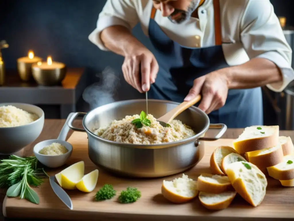 Detalle del proceso artesanal de preparación de Rillettes de Pescado Francés Delicioso en una cocina rústica y tenue