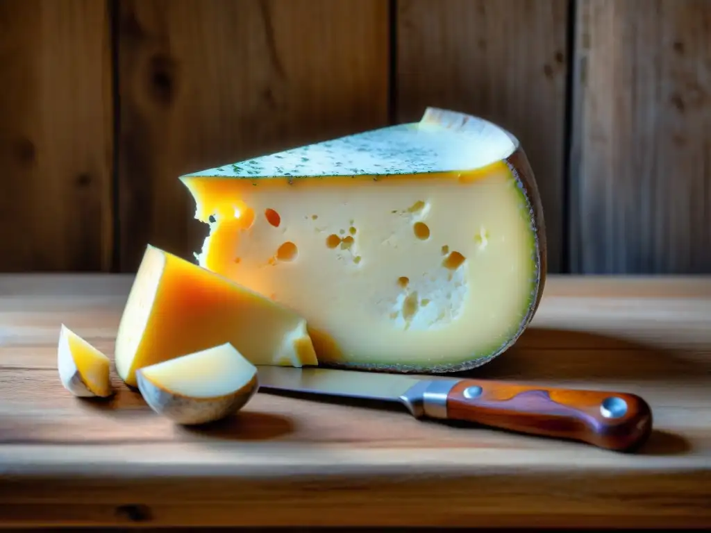 Detalle de queso francés antiguo con moho, textura y tonos dorados, sobre fondo de madera rústica