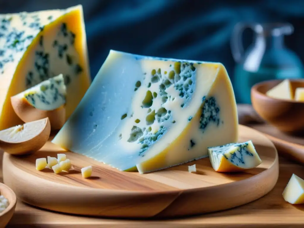 Detalle de queso Roquefort con vetas azules sobre tabla de madera, iluminación natural