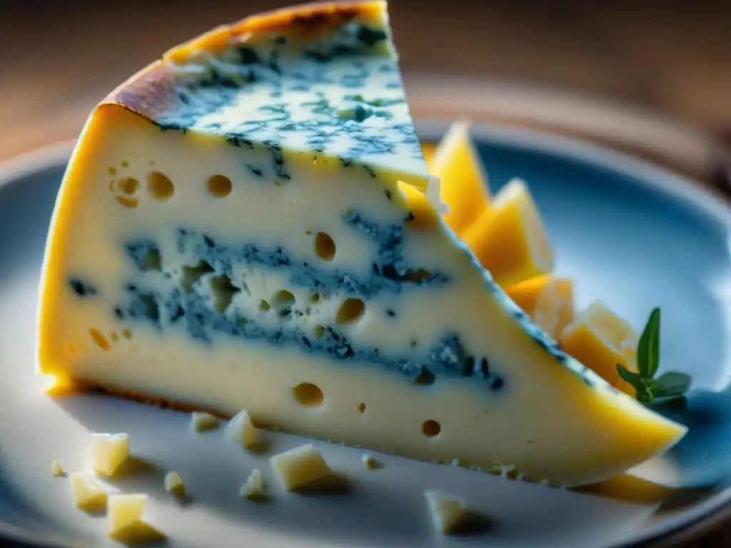 Detalle de un queso Roquefort con vetas azules sobre fondo blanco cremoso