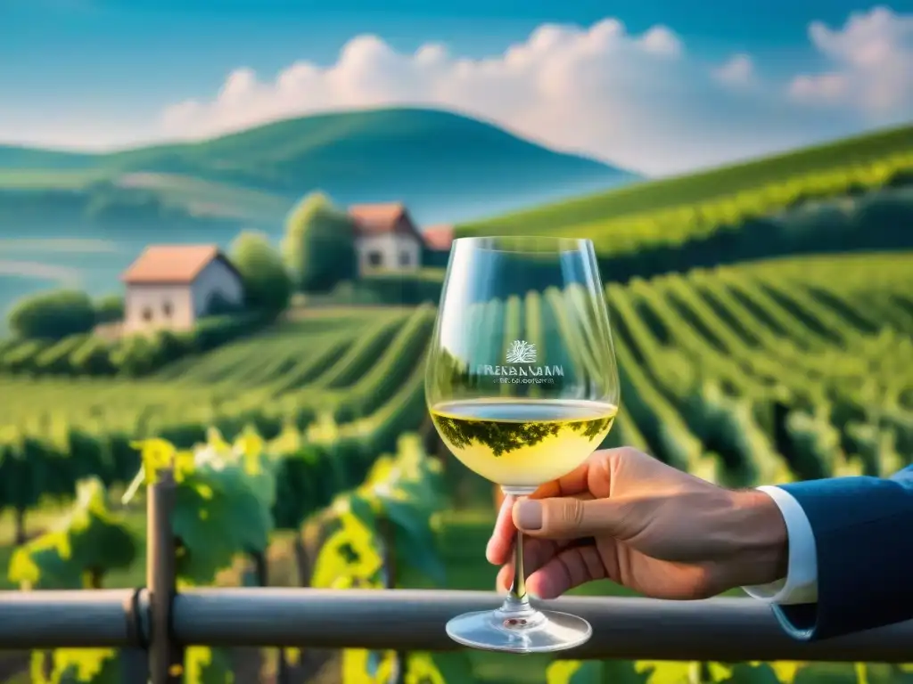 Detalle de sommelier sirviendo Riesling de Alsacia: vino blanco en una bodega tradicional, rodeada de viñedos verdes y cielo azul