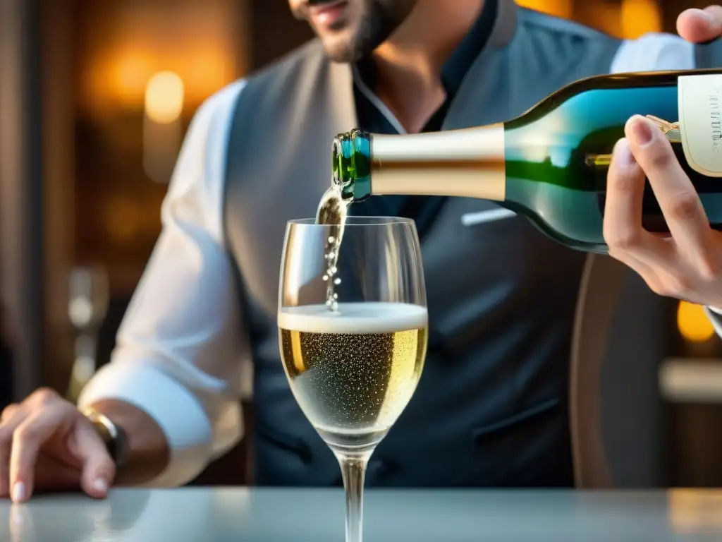 Detalle de un sommelier sirviendo champagne con precisión y sofisticación, mostrando la esencia de servir champagne como Connoisseur