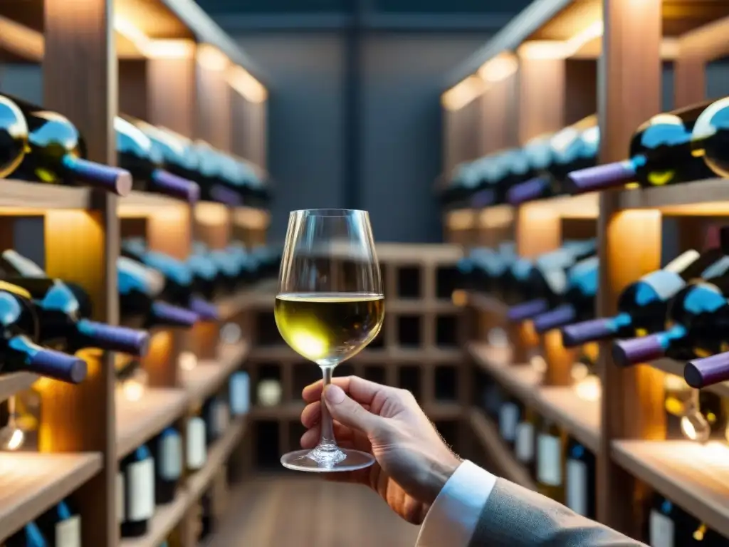 Detalle de un sommelier sosteniendo una copa de vino blanco francés calidad origen en una bodega atmosférica