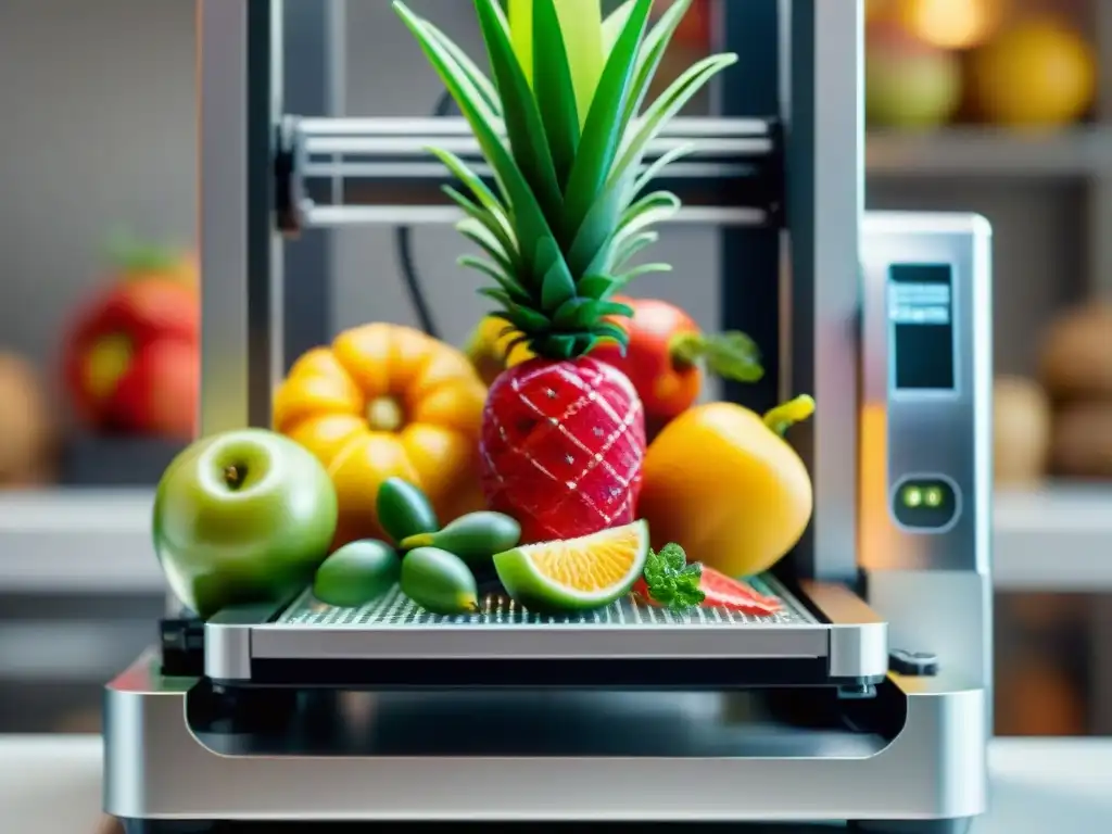 Detalle de impresión 3D en gastronomía sostenible: réplica detallada de una canasta de frutas y verduras vibrantes