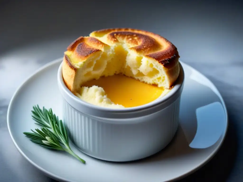 Detalle del soufflé de queso recién horneado con una presentación elegante