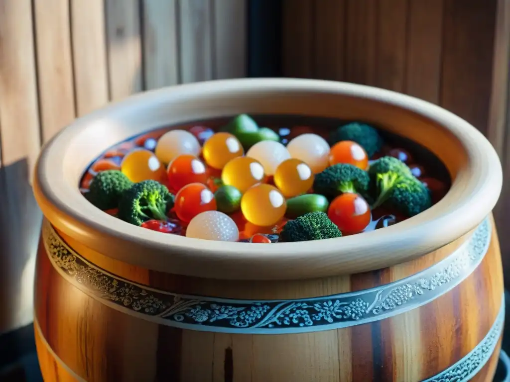 Detalle de un tarro de fermentación de madera con kimchi burbujeante, mostrando la magia del arte de fermentar alimentos