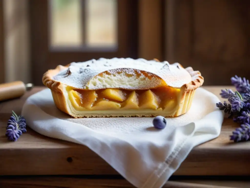 Detalle de una Tarte Tropézienne tradicional provenzal, espolvoreada con azúcar glas en una cocina rústica provenzal