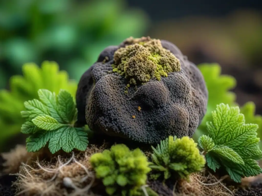 Detalle de una trufa negra Perigord sobre musgo, resaltando su textura y aroma únicos