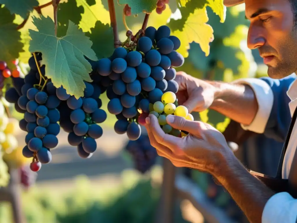 Detalle de vendimia de uvas en viñedo francés al atardecer, reflejando la tradición e innovación de los Vinos franceses tradicionales innovadores