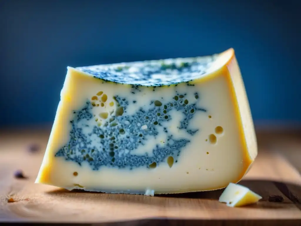 Detalle del Bleu d'Auvergne: vetas azules sobre fondo blanco, texturas y brillo natural