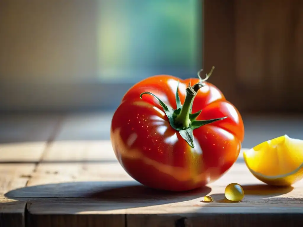 Detalle vibrante de tomate rojo maduro y limón amarillo en mesa rústica