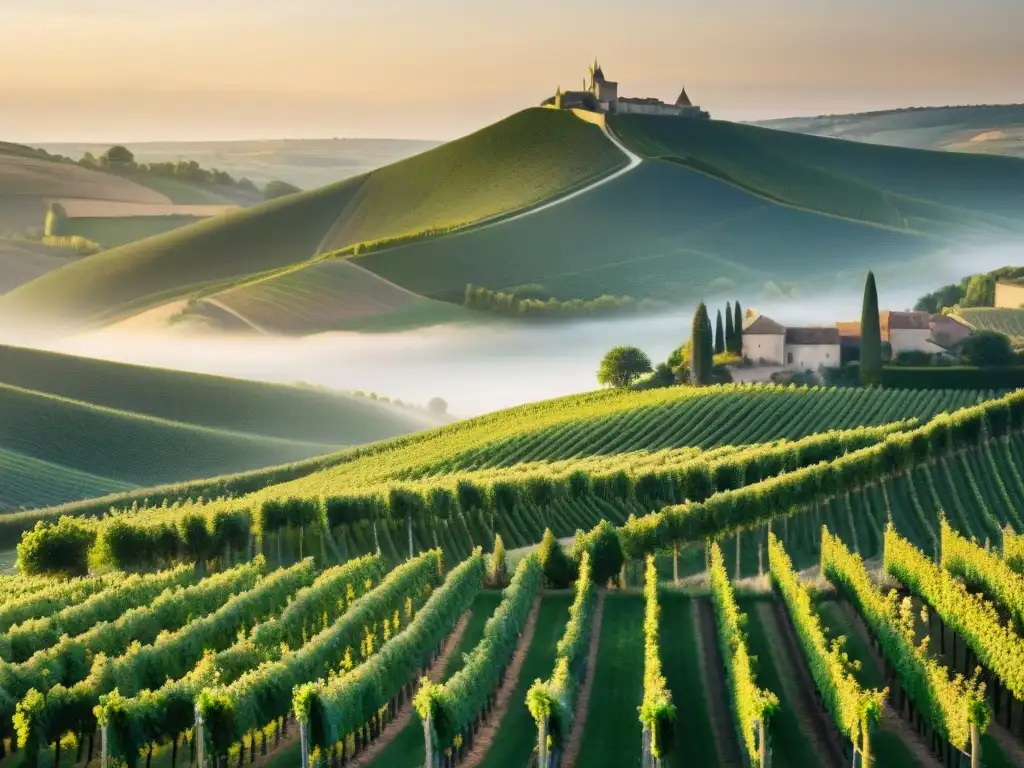Detalle del viñedo en colinas de la región de Champagne al amanecer, con luz dorada, chateaus y niebla, historia del champán en Francia