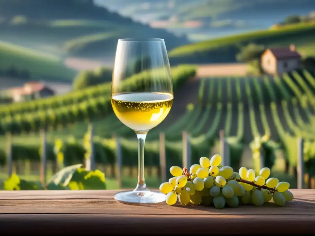 Detalle de un vino Alsaciano en copa sobre mesa de madera, con paisaje de viñedo al fondo