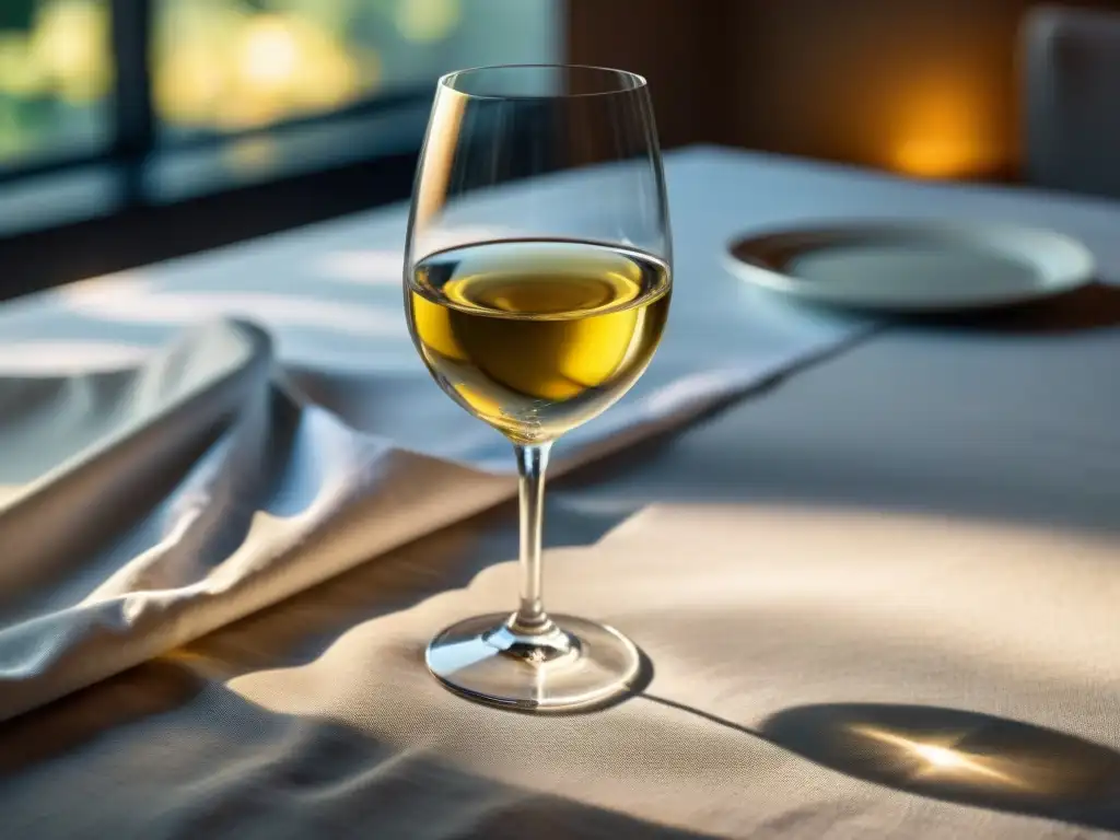 Detalle de copa de vino blanco elegante en Francia, sobre mantel blanco impecable, bañada por la luz dorada