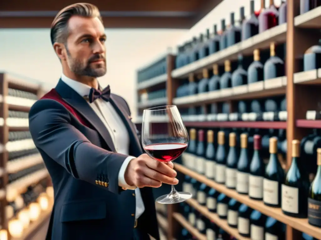 Detalle de sommelier sirviendo vino tinto francés, con estantes llenos de botellas elegantes