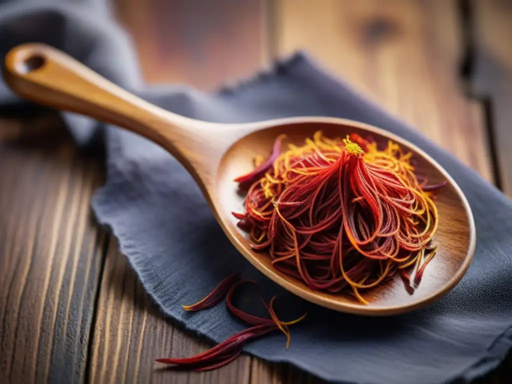 Detalles del azafrán rojo sobre cuchara de madera en cocina francesa