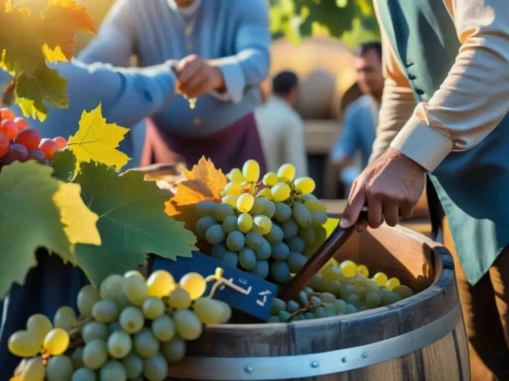 Detalles de barril de vino lleno de uvas en fiesta cosecha Provenza, con granjeros y luz dorada