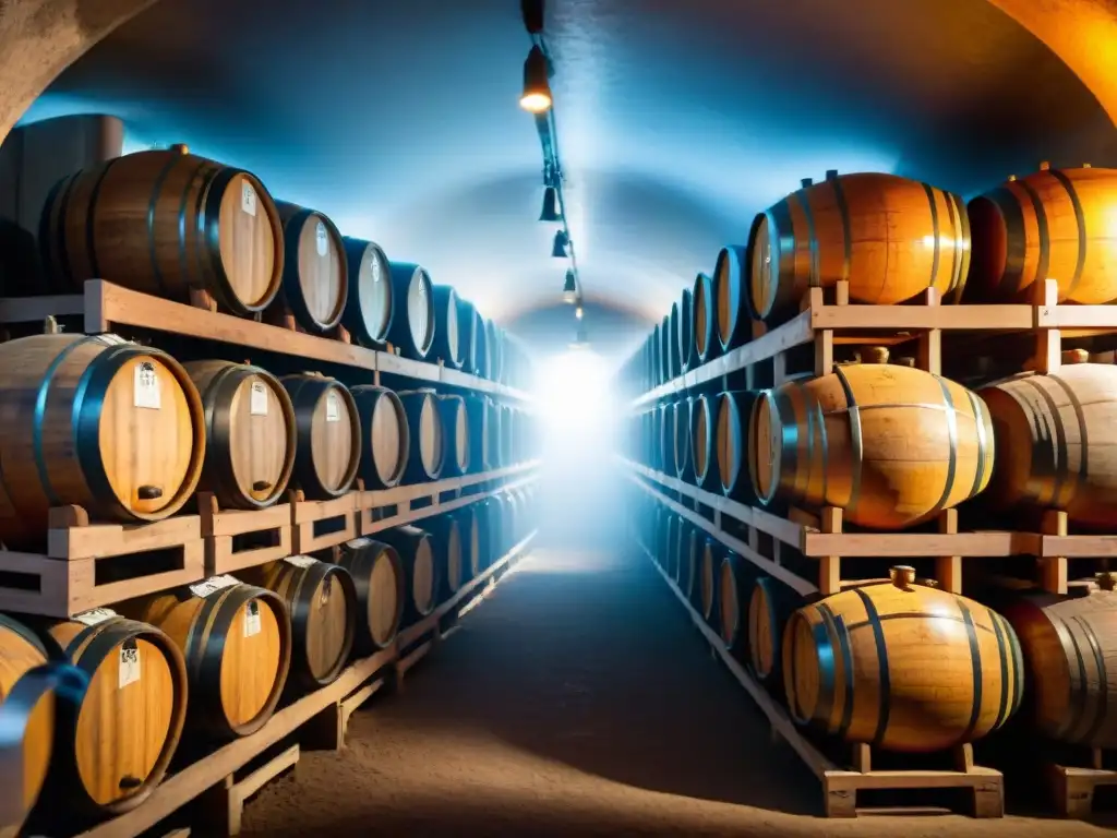 Detalles de bodega en Francia con barriles de cerveza en fermentación, resaltando el proceso artesanal