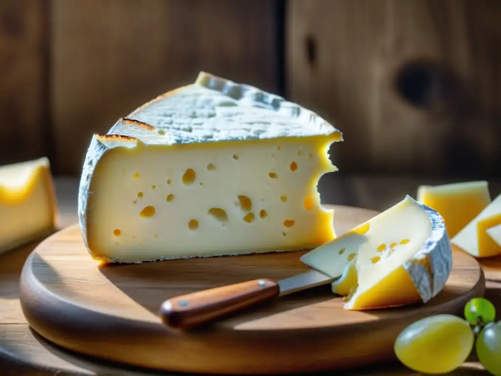 Detalles del Camembert: rica textura y aroma, rueda de queso sobre fondo de madera