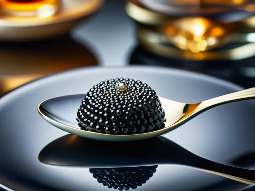 Detalles del caviar francés en cuchara de nácar sobre mesa elegante con copas de cristal y luz de velas, comprar caviar francés online