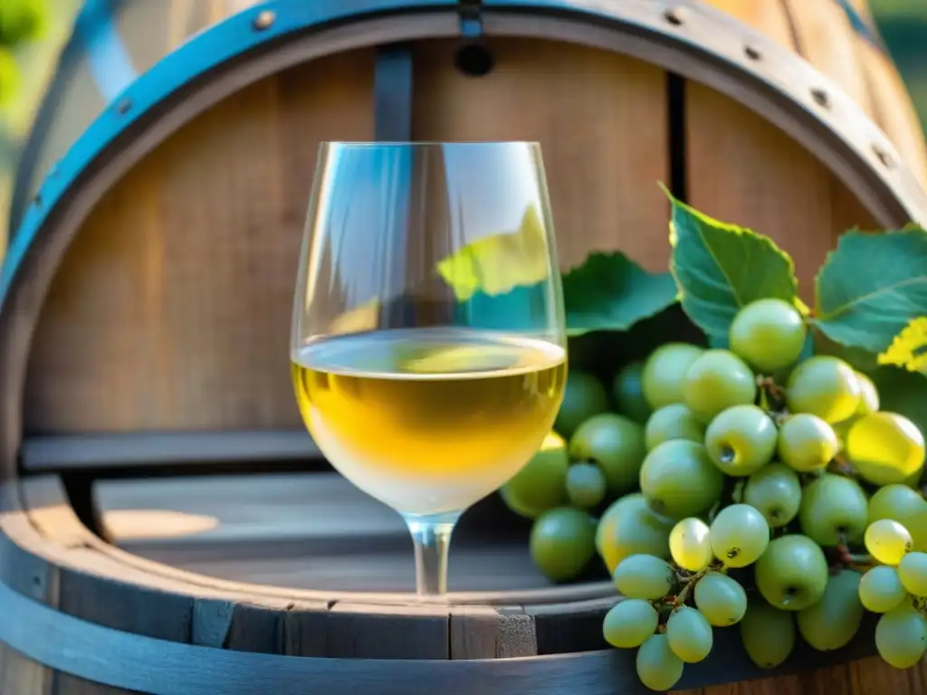 Detalles de un Chardonnay francés en copa sobre barril de madera rústico, con notas de manzana verde y cítricos bajo luz natural