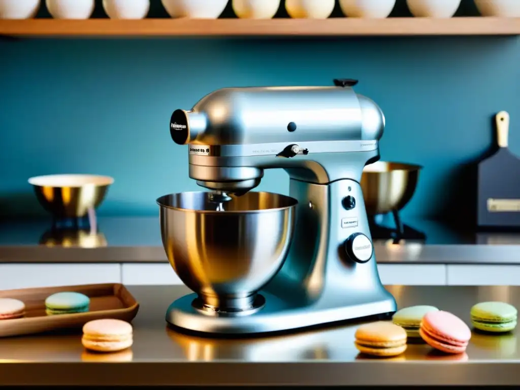 Detalles elegantes de la mejor batidora para recetas francesas en una cocina francesa, rodeada de masa y macarons