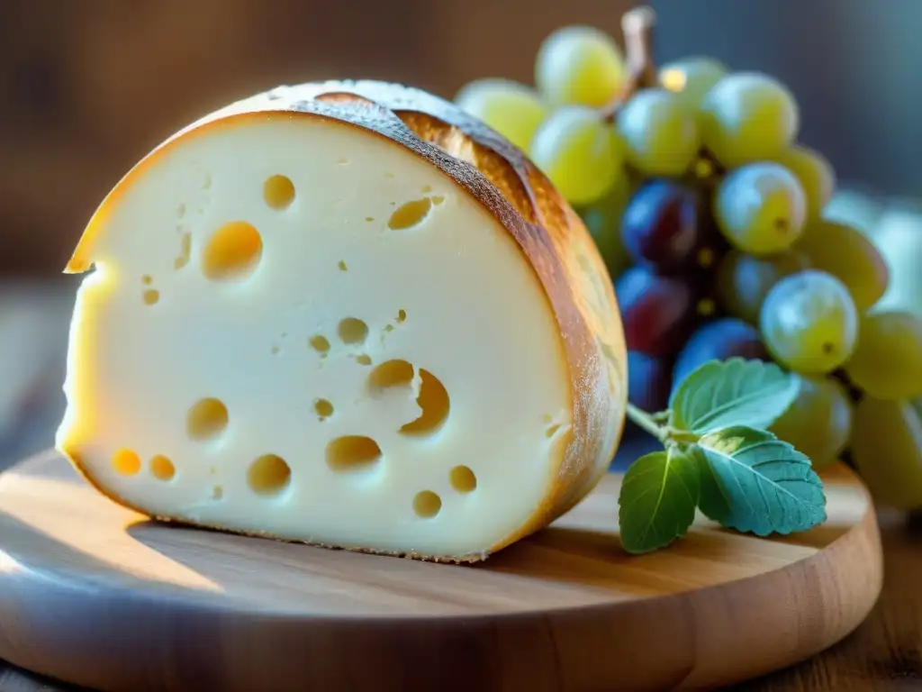 Detalles del exquisito queso Chaource: rica textura cremosa, moho delicado y brillo sutil, en un entorno gastronómico francés