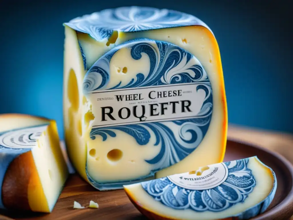 Detalles del exquisito queso Roquefort francés con vetas azules, destacando su calidad