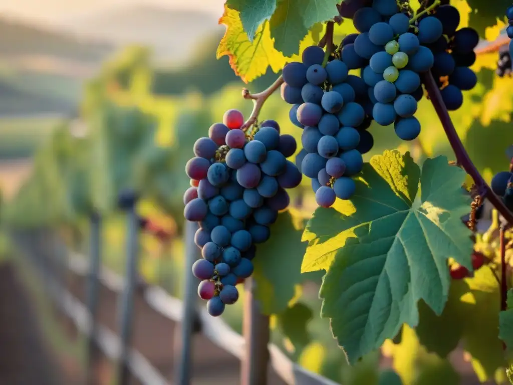 Detalles exquisitos de un viñedo francés prestigioso, con hileras perfectas de uvas maduras en tonos rojos y morados