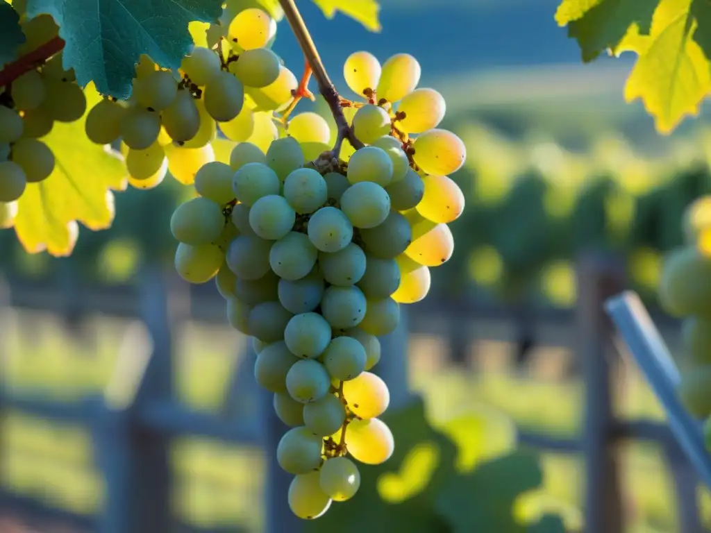 Detalles frescos y puros de uvas blancas francesas en viñedo, beneficios vinos blancos franceses