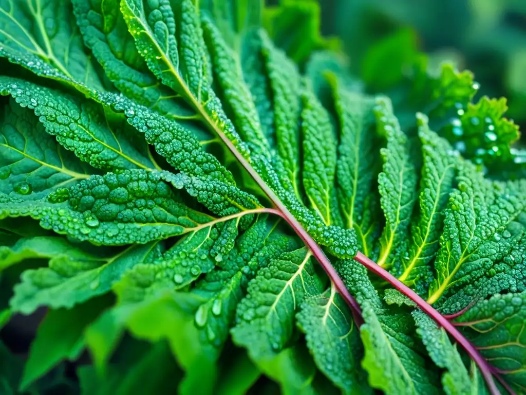 Detalles frescos y vibrantes de hojas de kale con gotas de agua, capturando la belleza natural y beneficios del superalimento kale