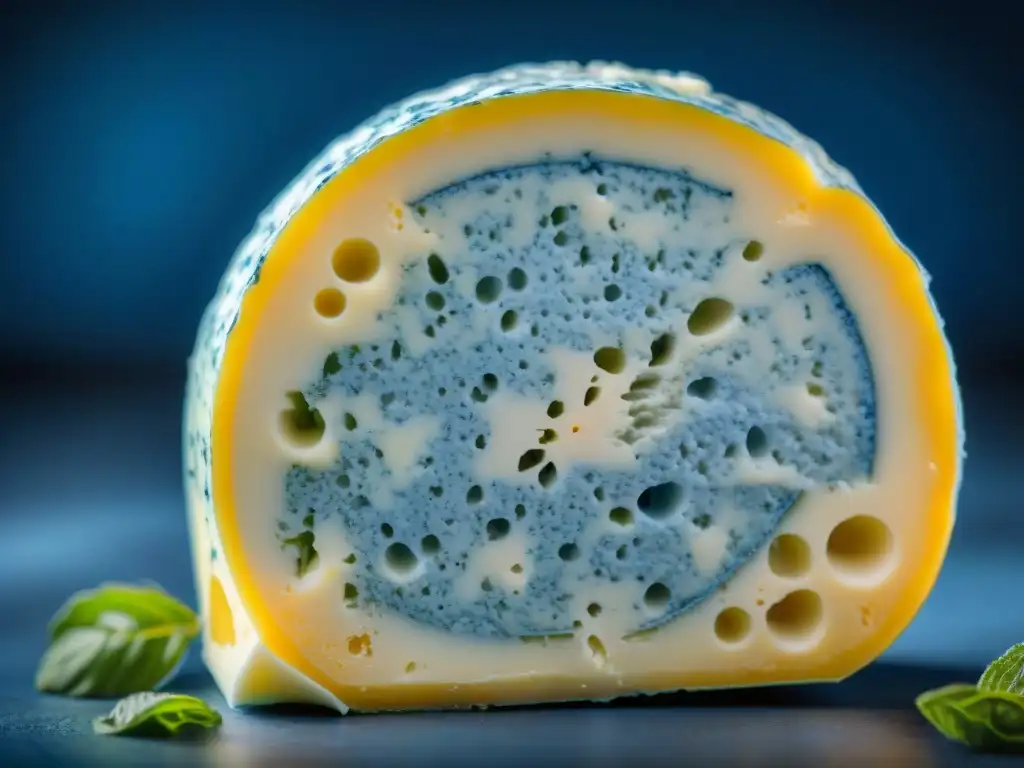 Detalles intrincados en un queso Roquefort: mezcla de moho azul y blanco