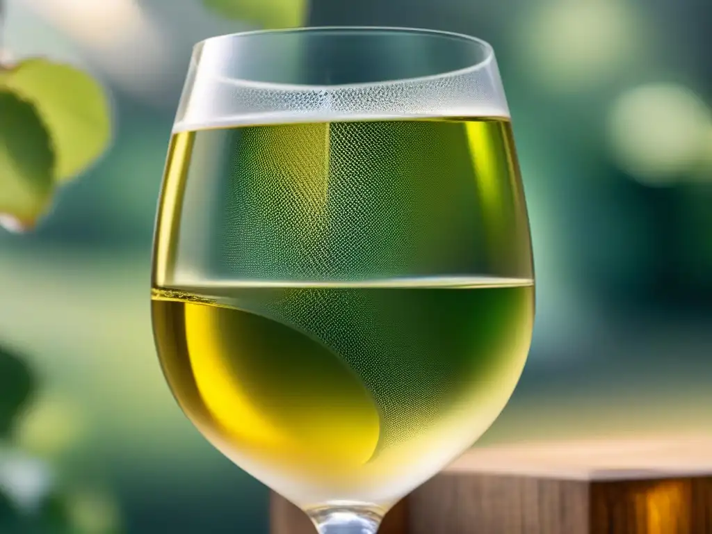 Detalles luminosos de un vaso de Chardonnay francés, mostrando sus características vinos blancos franceses en oro pálido con destellos verdes