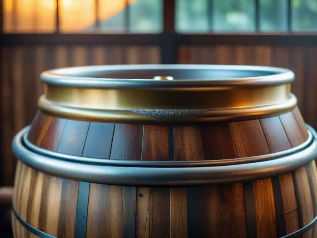 Detalles en madera de barril de fermentación en cervezas francesas, iluminados por luz dorada