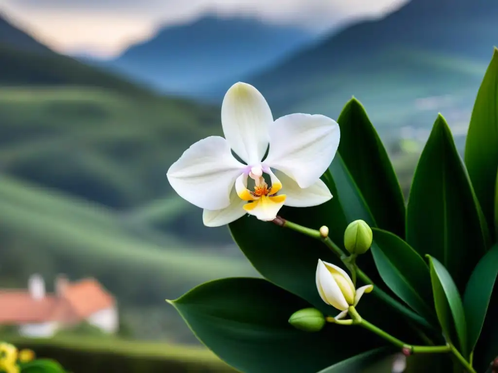 Detalles de una orquídea de vainilla de Guadalupe en flor, con vainas de vainilla, evocando la riqueza en postres franceses