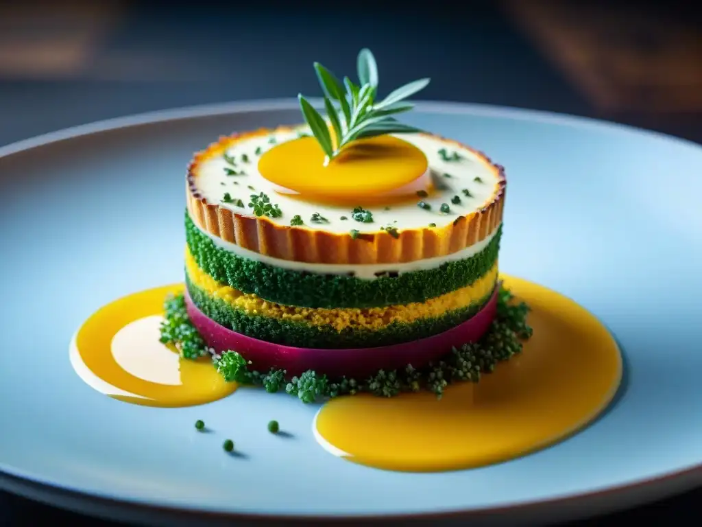 Plato gourmet: detalle exquisito de sabores y colores Detalles de un plato armonioso: capas, colores vibrantes, texturas contrastantes y presentación meticulosa