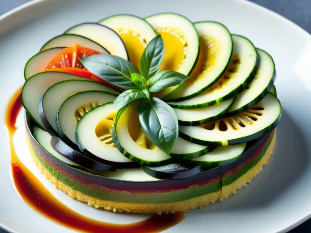 Detalles de un plato de Ratatouille francés: capas de berenjena, calabacín y tomate, con hierbas frescas