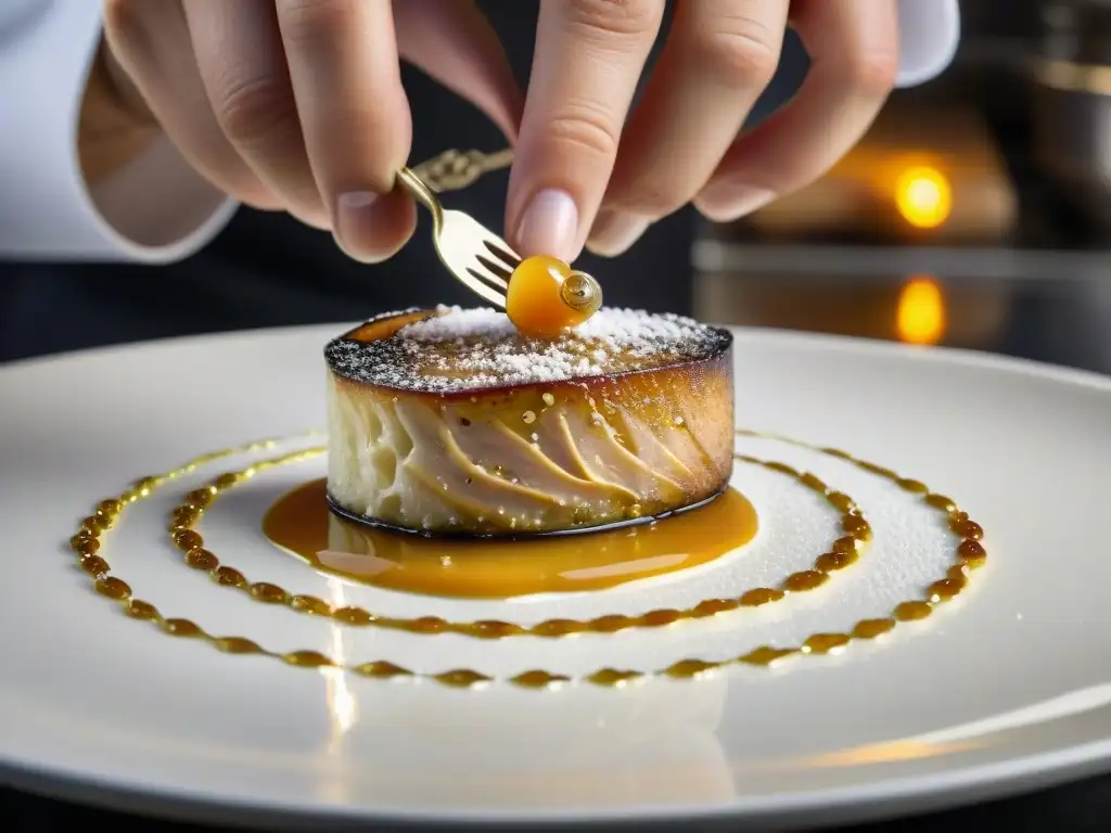 Detalles que elevan platos franceses: Chef francés esparciendo flor de sal sobre un foie gras, en una cocina parisina