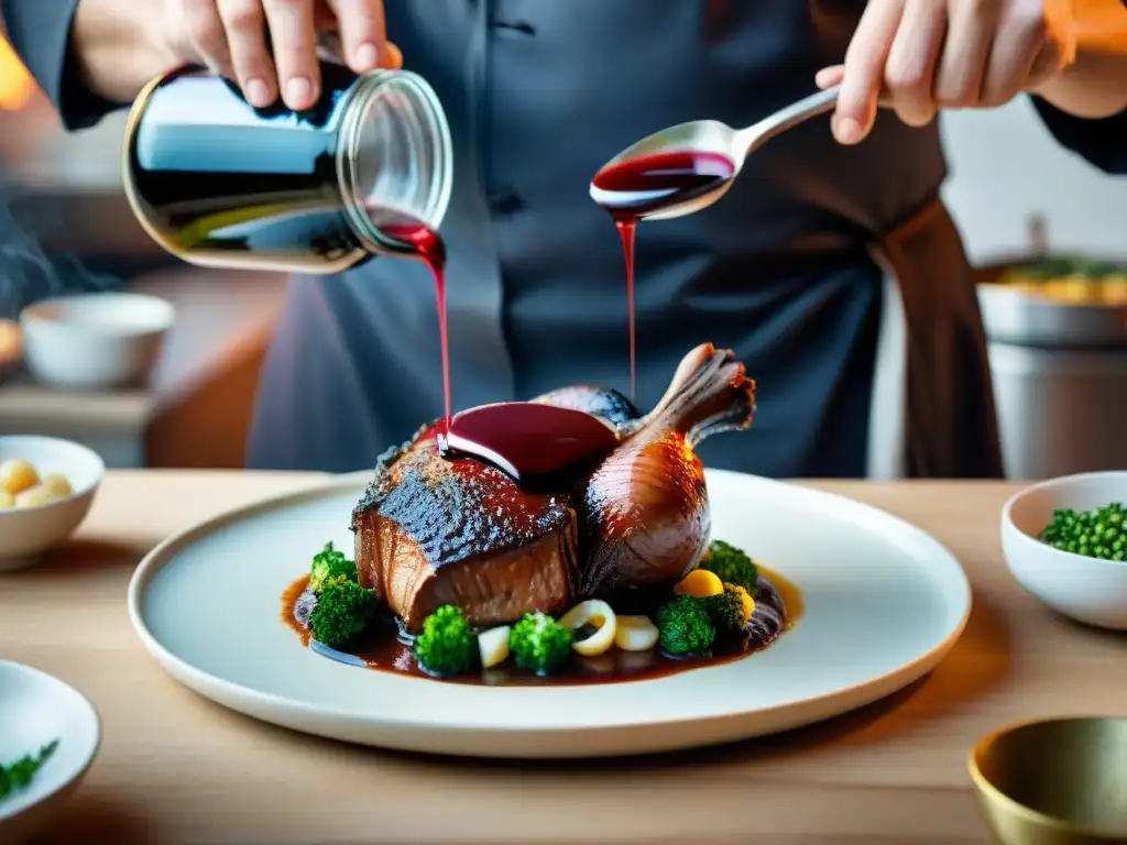 Detalles que elevan platos franceses: un chef francés rocía con cuidado una reducción de vino tinto sobre un Coq au Vin perfectamente cocinado