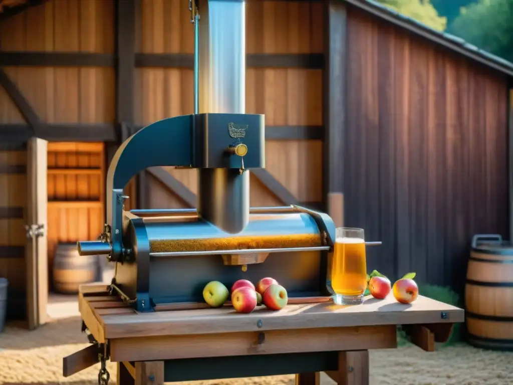 Detalles de prensa de sidra francesa tradición innovación en una bodega rústica